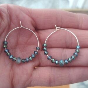 HANDMADE SILVER-PLATED OVER BRASS IRIDESCENT GREEN BEADED WIRE HOOP 4" EARRINGS